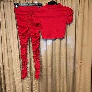 Forever 21 Vibrant XS 2pc Red Ruched Leggings w/Ribbed Design Crop Top & Legging